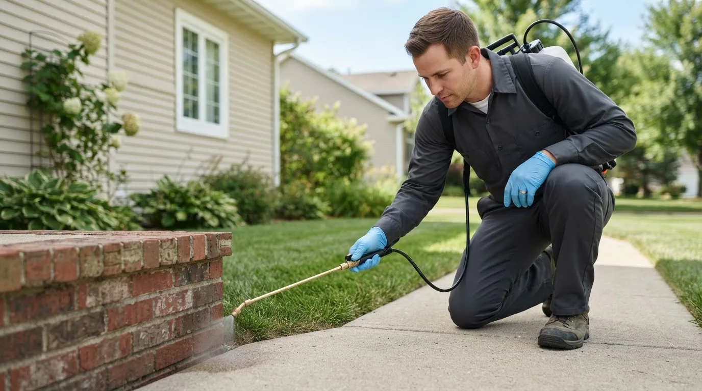 Pest control technician treating a home near Cushing, IA