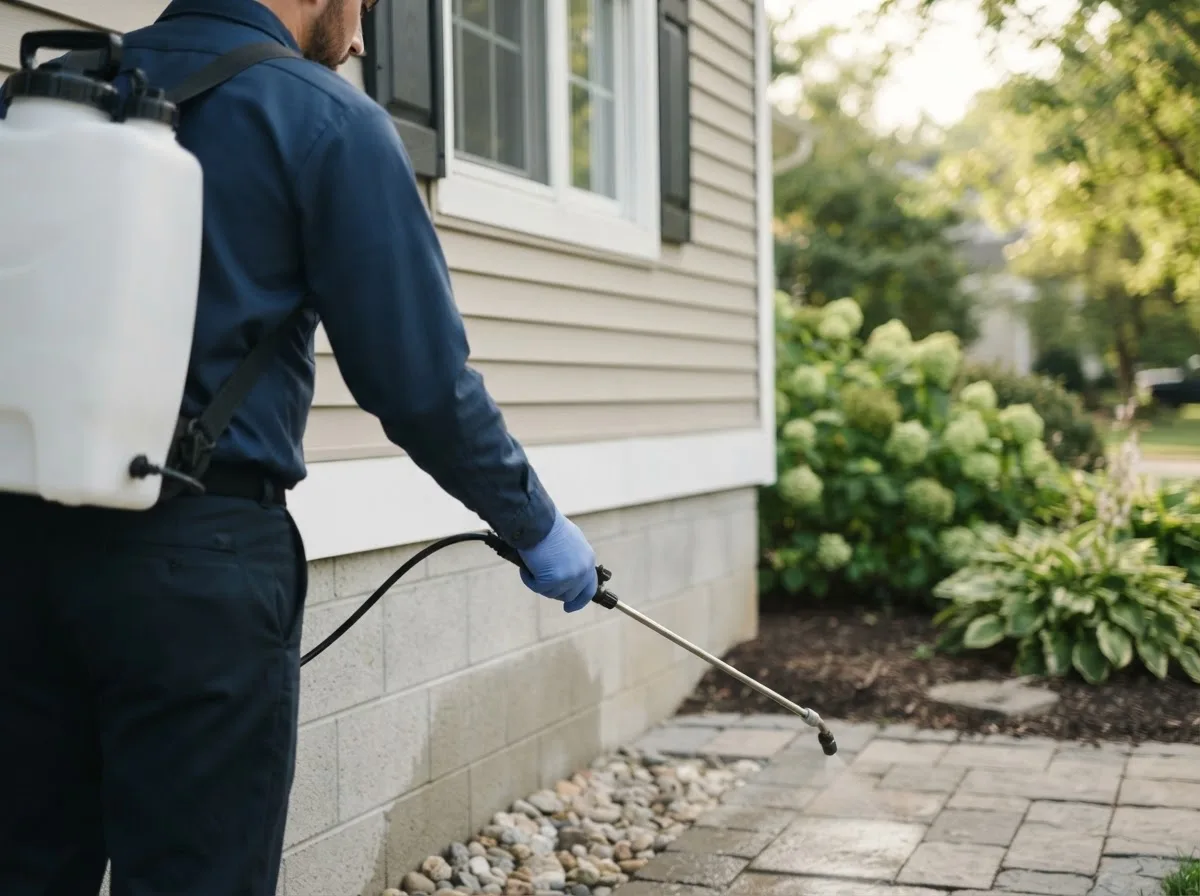 Pest control technician inspecting a home in Cushing, IA